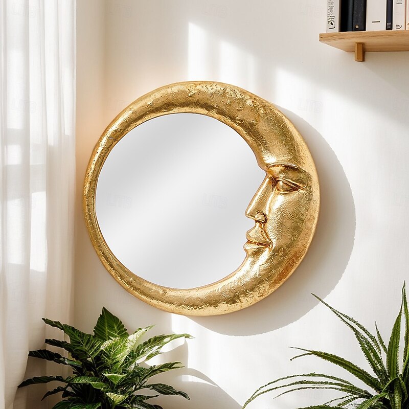Gold Resin Moon Face Wall Mirror, Round Artistic Hanging Mirror for Home Background Wall Decor, Creative Makeup Mirror for Vanity, Wall Decoration, and Photography Props4