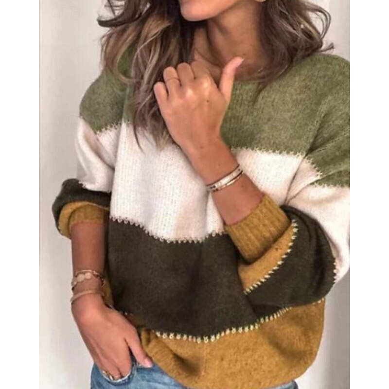 Women's Sweater Pullover Casual Soft Color Block Ribbed Crew Neck Knitted Long Sleeve Regular Tops Knit Outdoor Daily Holiday Black Blue Fall4