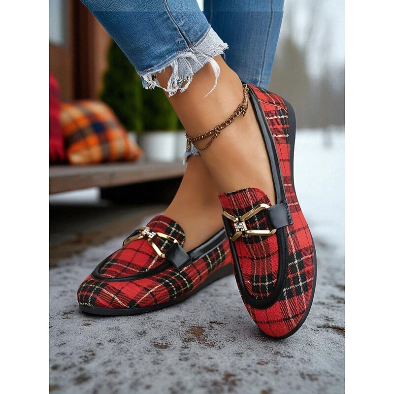 Women's Red Plaid Loafers – Classic Checkered Slip-On Flats with Bow Accent for Christmas Parties, Work and Casual Outings2