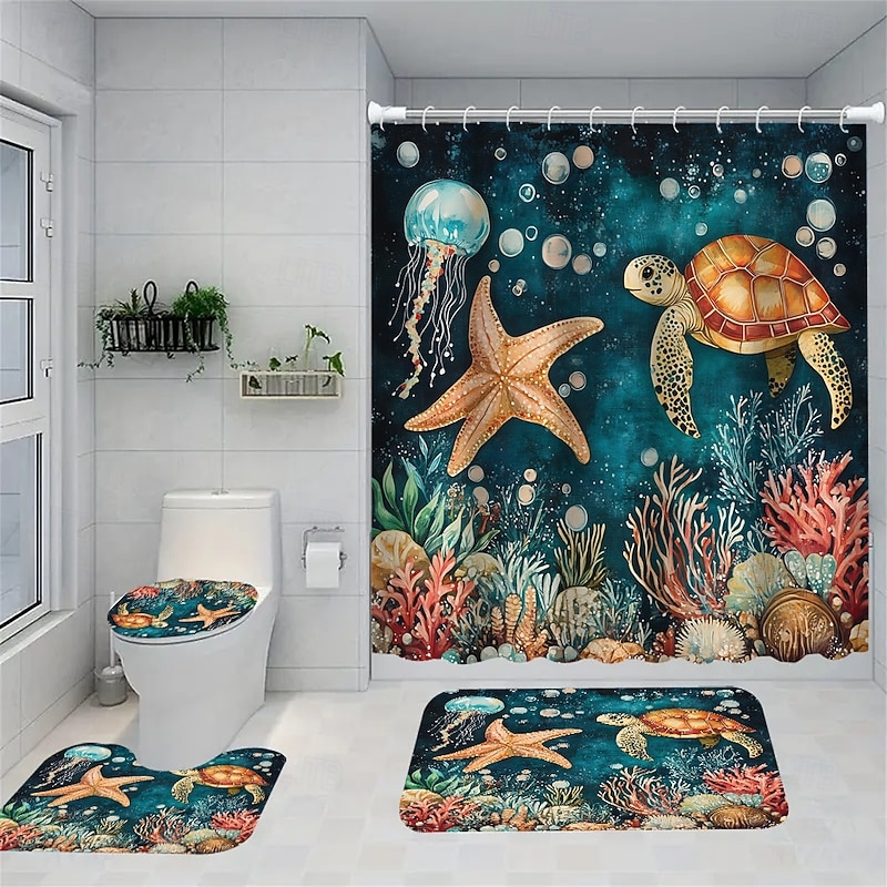 Ocean Beach Series Starfish Jellyfish Shower Curtains Sets Decorative Art Pattern Home Bathroom Curtains Toilet Seat Decoration Shower Curtain CarpetShower Curtain with Carpet and Toilet Lid 12 70.8x70.8 inch