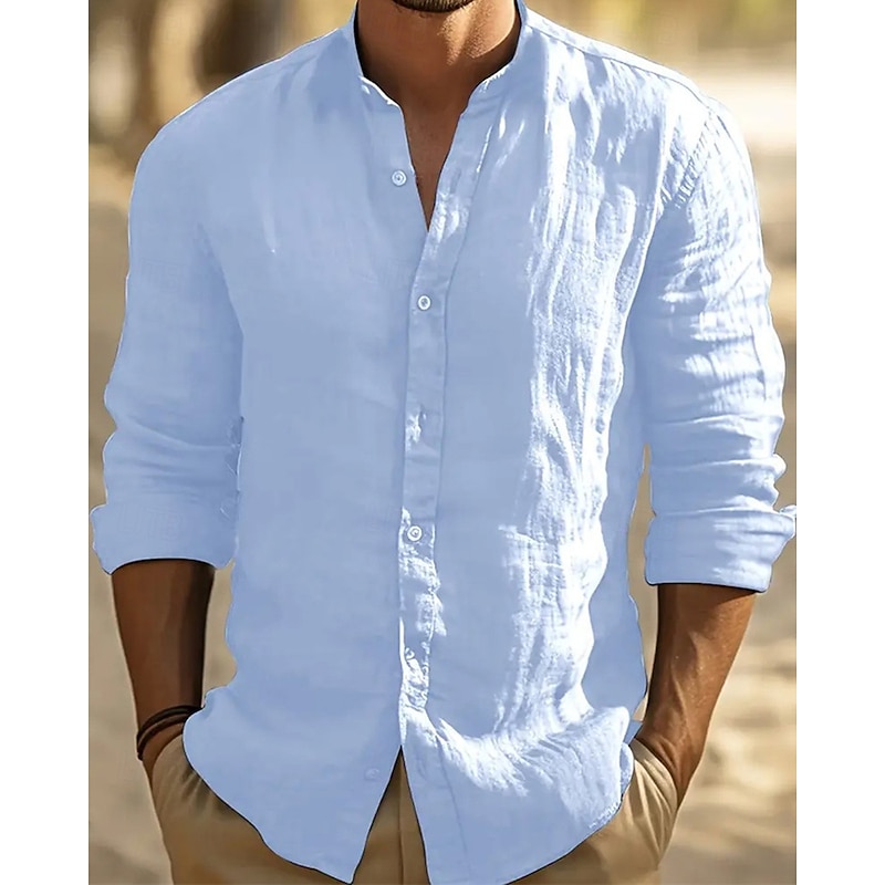 Men's Shirt Summer Shirt Casual Shirt Beach Shirt Button Up Shirt Black White Light Grey Light Blue Long Sleeve Plain Band Collar Vacation Hawaiian Clothing Apparel Polyester Fashion Casual3