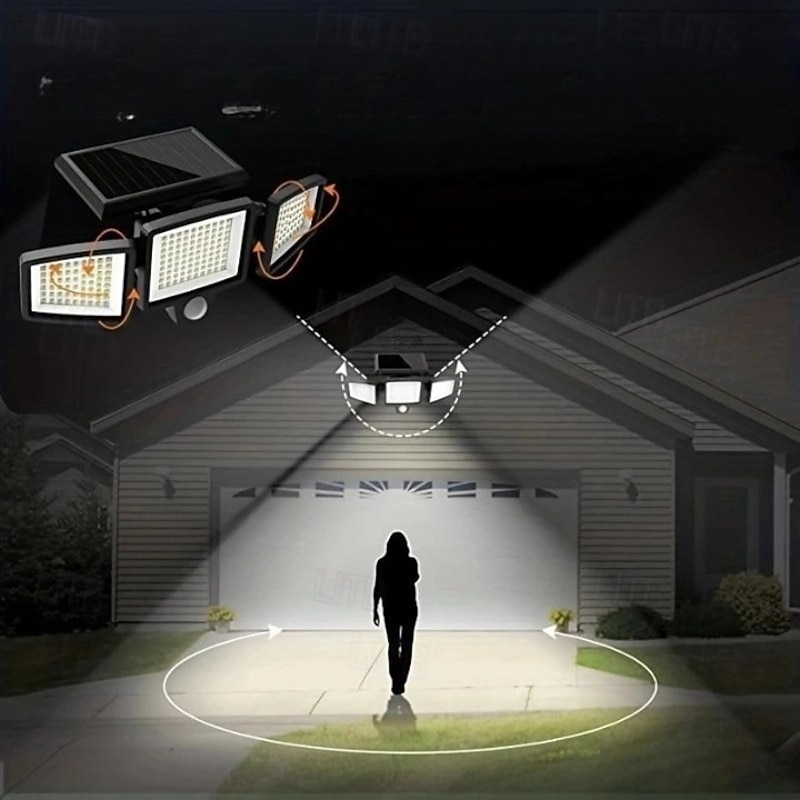 Solar Flood Lights Outdoor Lights 3-Head Motion Sensor Light 2500Lumens 210LEDs Safety Light with Remote Control, IP65 Waterproof Wide-Angle Floodlight Wall Light
