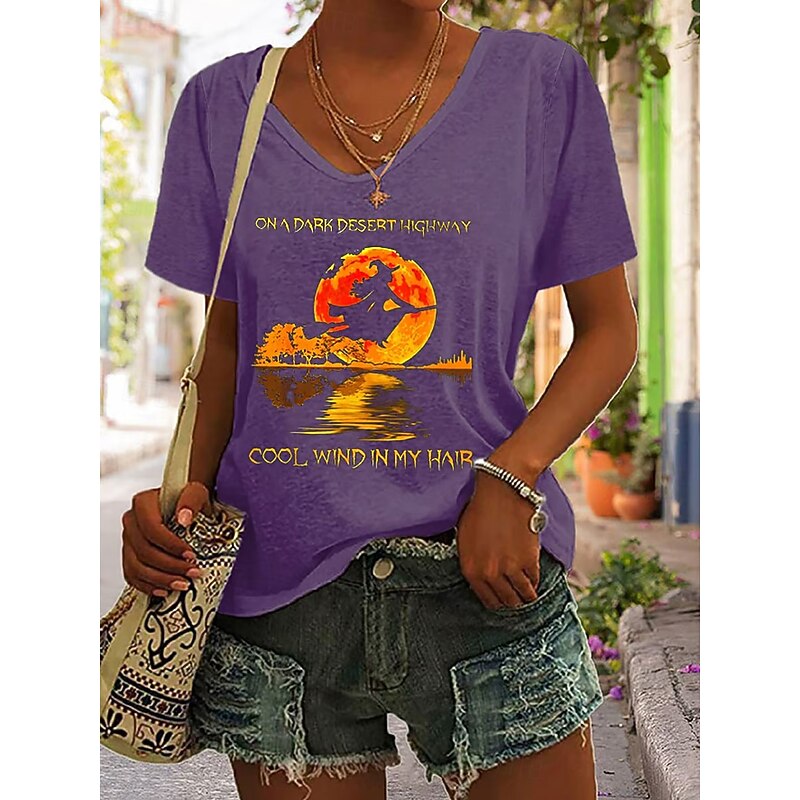 Halloween Women's T shirt Witch Graphic Letter Vintage Stylish Classic Short Sleeve V Neck Regular Tops Daily Print Black Blue Purple Gray Summer Spring4