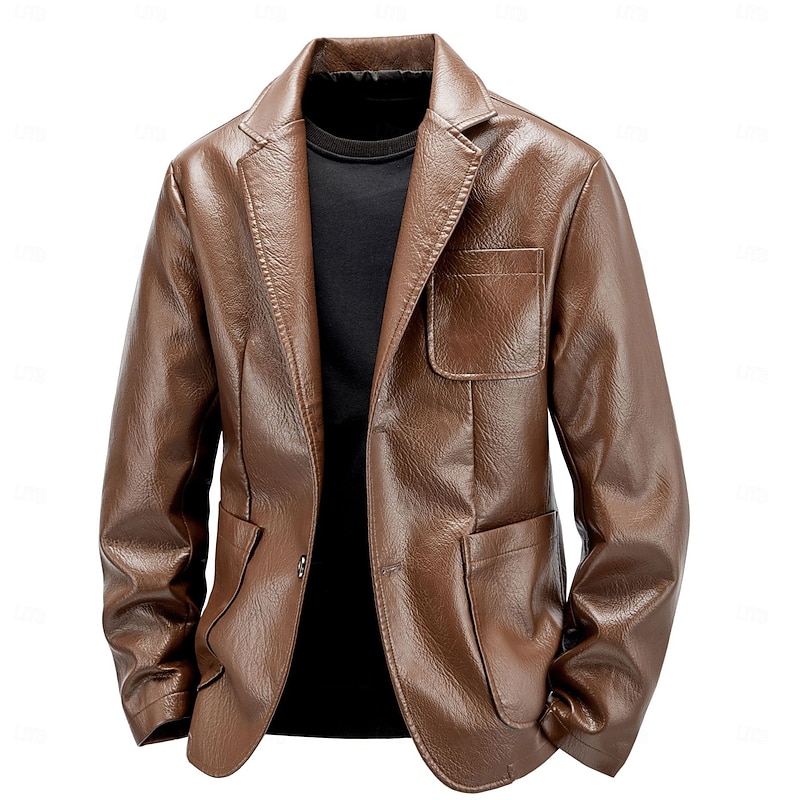 Men's Faux Leather Jacket Blazer Jacket Formal Office Casual Daily Pocket Punk Fashion Spring & Summer PU Leather Synthetic Leather Solid Color Pocket Comfy Single Breasted Blazer Black Coffee