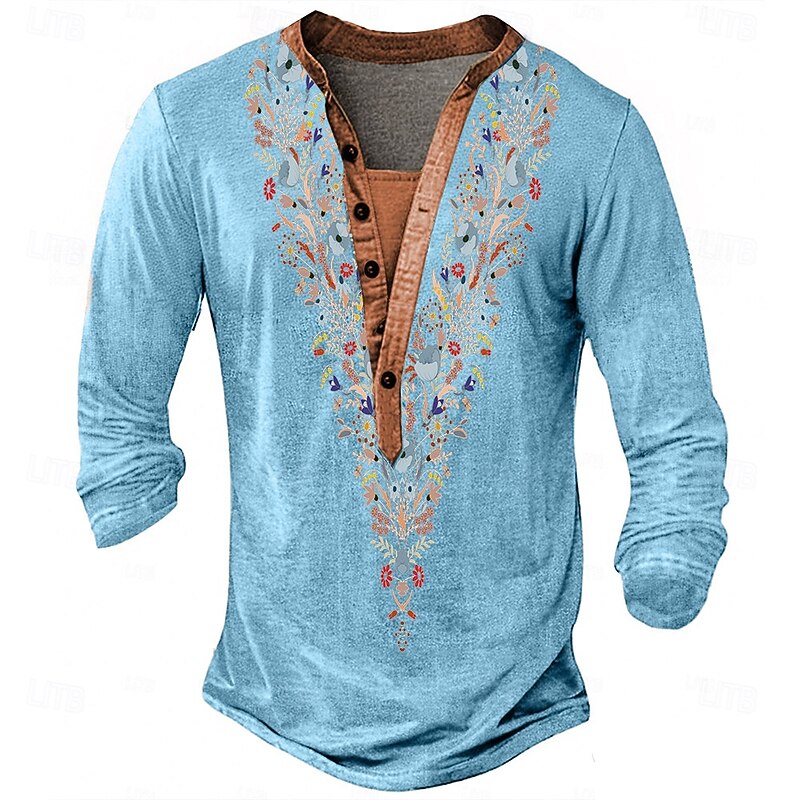 Men's Print Ethnic T Shirt Henley Shirt Long Sleeve Designer Retro Vintage Ethnic Street Casual Daily Summer Spring Fall Blue Green Khaki Grey Henley Henley T-Shirt4