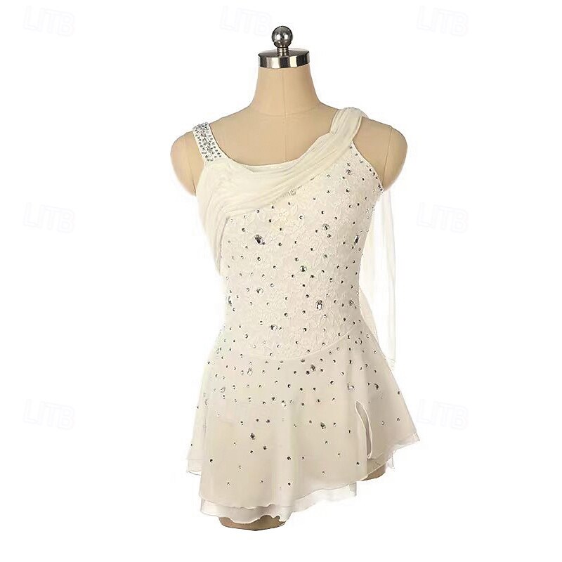 Figure Skating Dress Women's Girls' Ice Skating Dress White Patchwork Open Back Mesh Spandex Stretchy Training Practice Professional Skating Wear Thermal Warm Crystal / Rhinestone Long Sleeve Ice