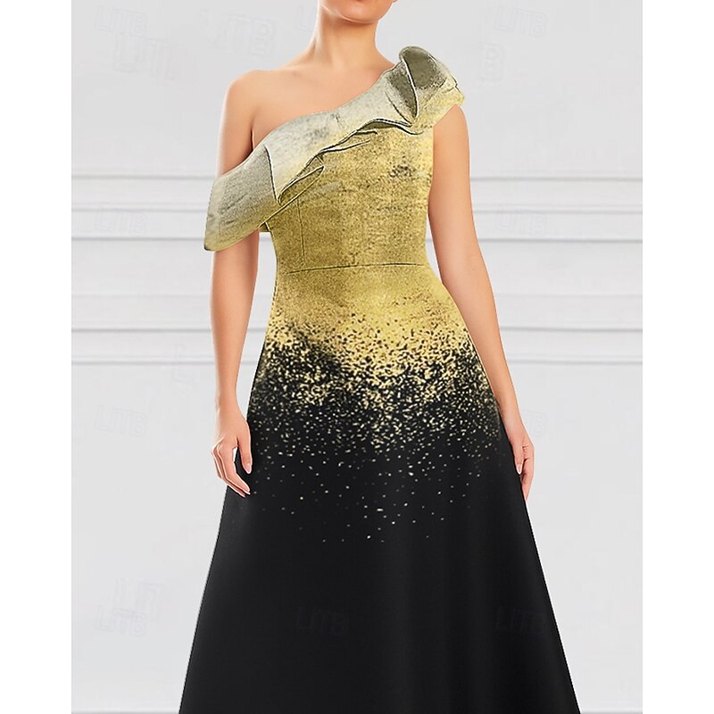 Black and Gold Ombre Jacquard A-Line Evening Gown Elegant Dress Formal Wedding Floor Length Sleeveless Off Shoulder with Ruffles3