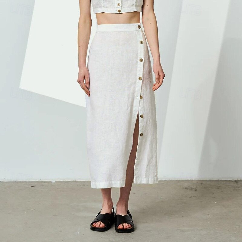 Women's 55%Linen Cotton  A Line Elegant Vintage Basic Casual Midi Mid Waist Skirts Plain Split Ends Inelastic School Vacation Black White Summer