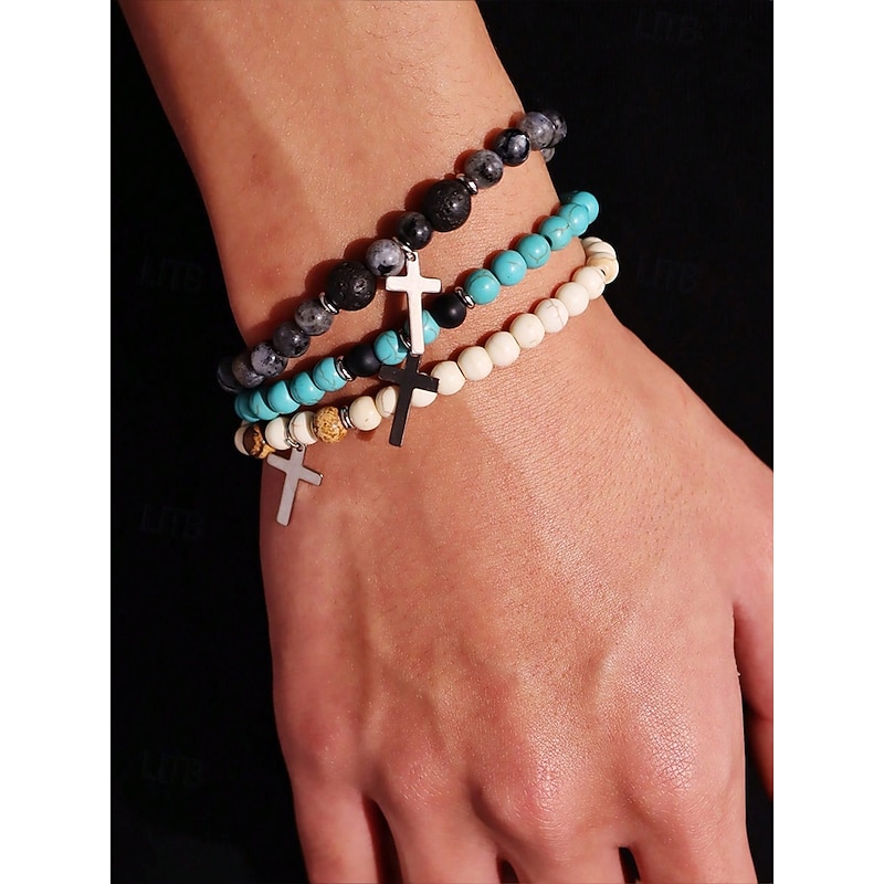 Men's Turquoise Cross Beaded Bracelet – Alloy and Turquoise Design, Perfect for Casual and Boho Style2
