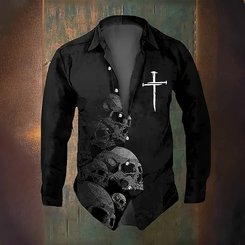 Men's Cross Halloween Costumes Skulls Shirt Button Up Shirt Long Sleeve Dark Gothic Style Holiday Streetwear Summer Spring Turndown 3D Print Collared Shirts Black