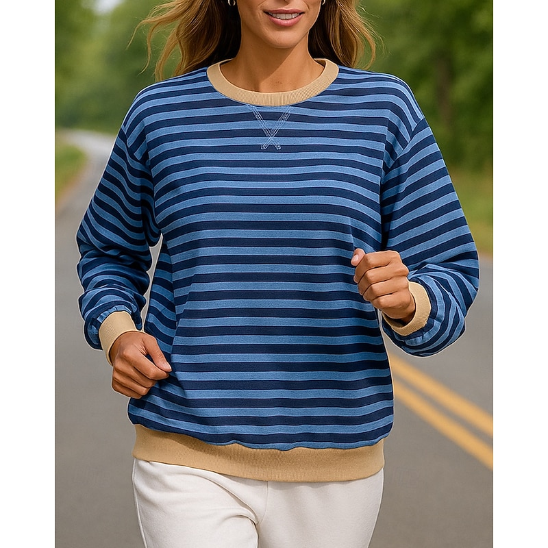 Women's Pullover Sweatshirt Casual Tops Long Sleeve Top Athleisure Fall Striped Cotton Sun Protection Windproof Outdoor Running Sportswear Activewear Blue