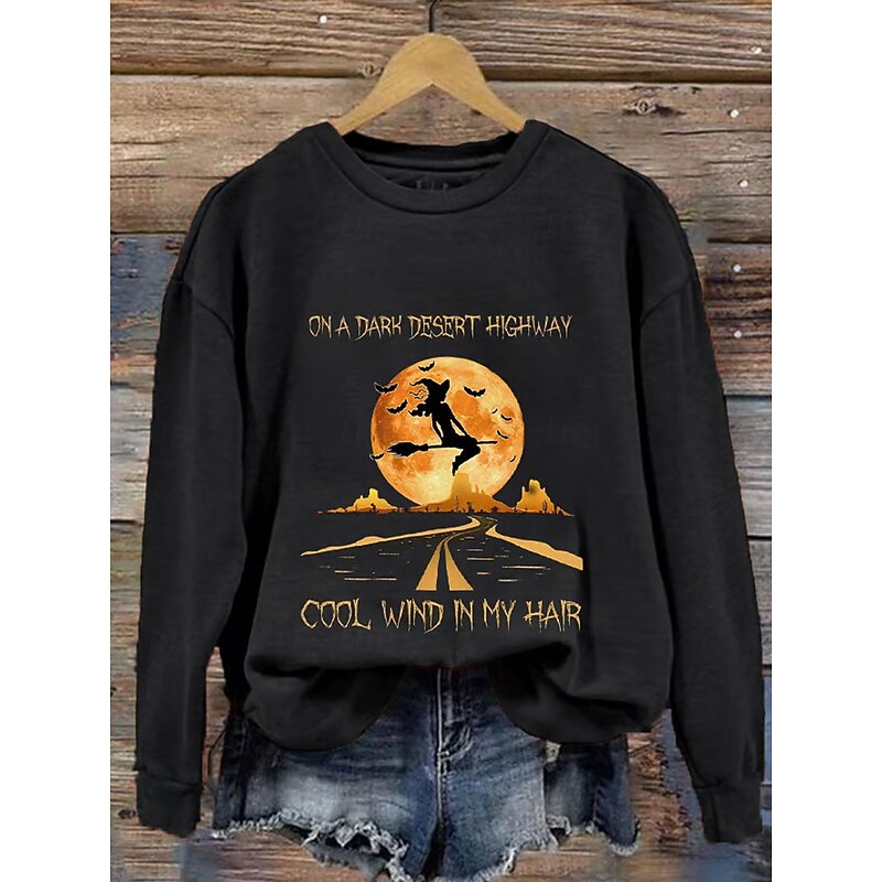 Halloween Women's Sweatshirts Witch Graphic Letter Casual Long Sleeve Crew Neck Regular Tops Street Dailywear Casual Print Black Blue Orange Green Fall Winter