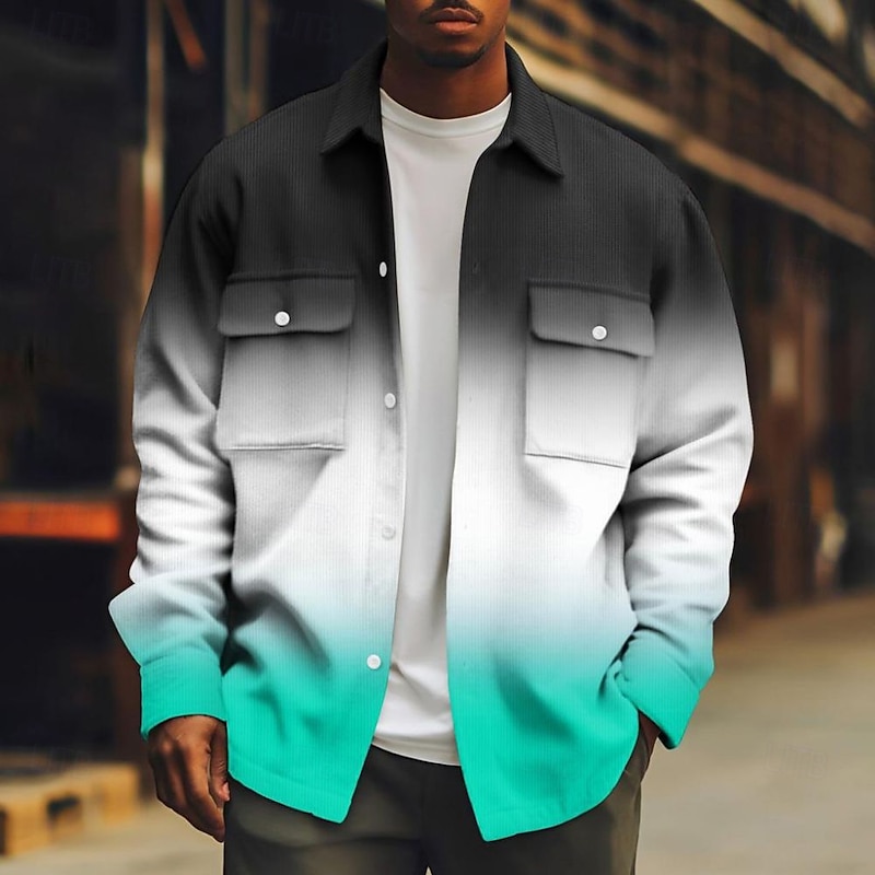 Men's Gradient Color Corduroy Shirt Shacket Shirt Jacket Long Sleeve Casual Outdoor Dailywear Fall Winter Turndown Button-Down Warm Jacket with Flap Pockets Pink Red Blue Purple Green