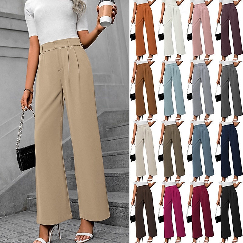 Women's Wide Leg Slacks Streetwear Casual Full Length Natural Plain Elastic Waist Comfortable Outdoor Vacation Holiday Maroon claret Ash Dark-Gray Fall Regular Fit