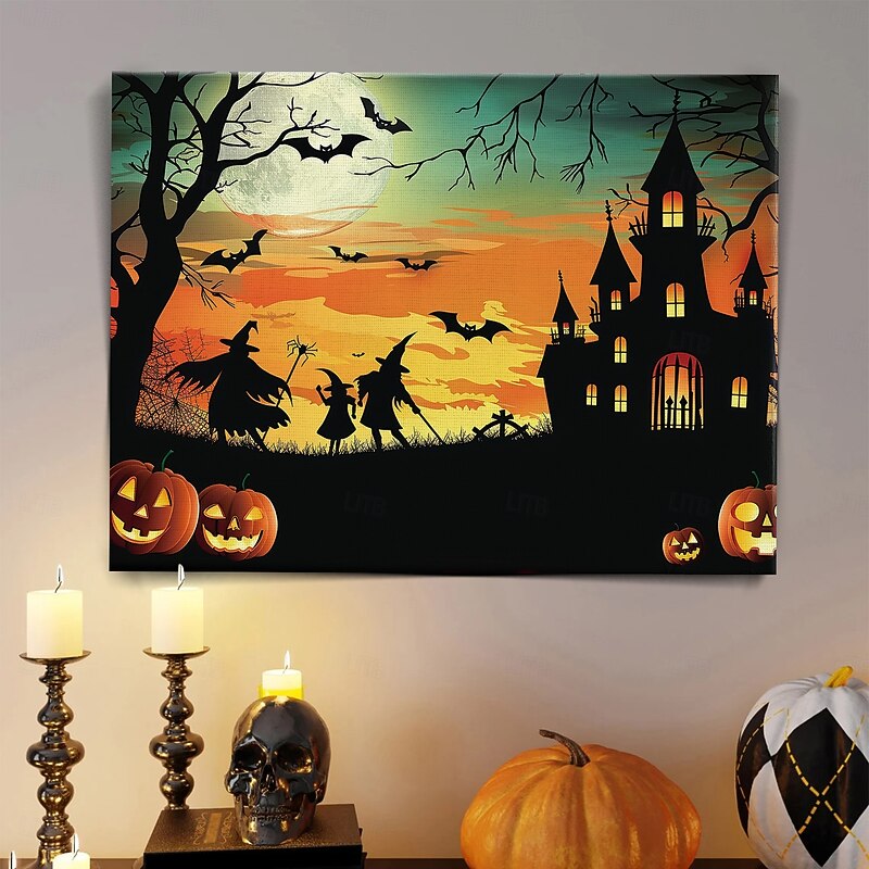 Halloween Haunted House Silhouette LED Canvas Wall Art - Battery Operated Lighted Wall Decor for 2025 Halloween home decoration light livingroom and bedroom3