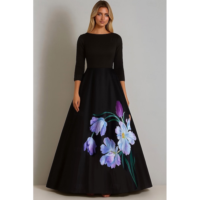 Black Ball Gown A-Line Evening Gown Stretch Crepe Top Elegant Floral Print Skirt Satin Formal Wedding Floor Length 3/4 Length Sleeve Boat Neck