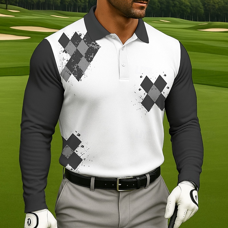 Men's Geometric Golf Polo Sports Polo Shirts Long Sleeve Polo Shirts Collared Shirts Casual Sports 3D Print Spring Fall Black Blue Purple2