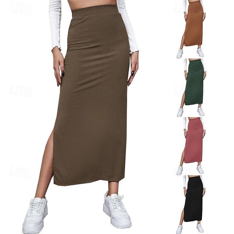 Women's Skirt Casual Maxi Mid Rise Skirts Plain Split Ends Micro-elastic Vacation Street Black Red Light Brown Brown Summer Polyester