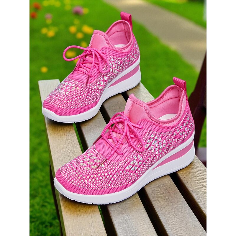 Women's Rose Pink Flyknit Wedge Sneakers with Rhinestone Detailing – Lightweight Breathable Athletic Shoes for Casual Wear and Walking2