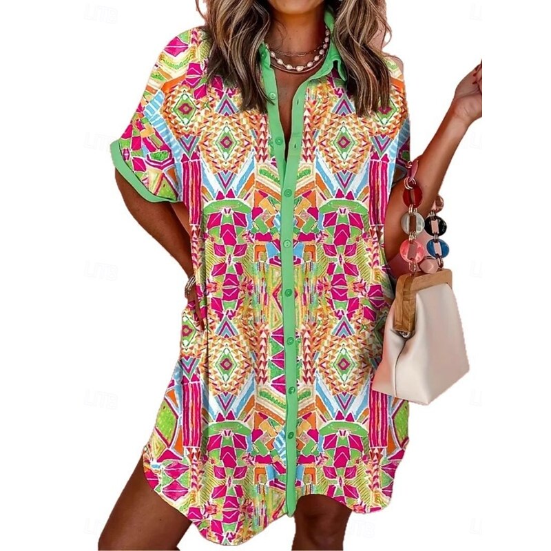 Women's Mini Dress Shirt Dress Casual Dress Summer Dress Vintage Daily Beach Weekend Regular Fit Geometric Color Block Short Sleeve Shirt Collar Green Summer2