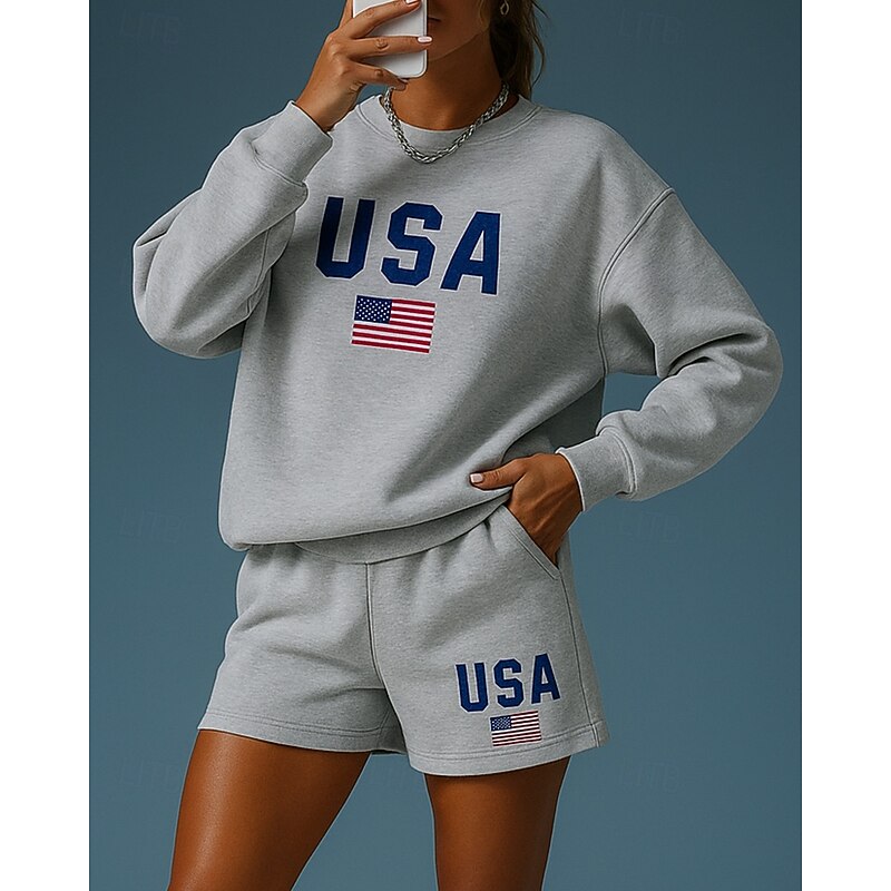 Women's Tracksuit Pullover Sweatshirt Short Sweatpant Pocket Letter Clothing Suit Spring White Grey Gym Outdoor Running High Waist Windproof Lightweight Long Sleeve Sport Activewear Micro-elastic