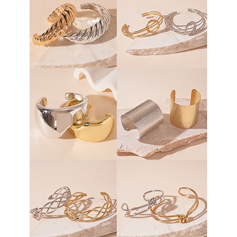 Women's Party Bracelet Set - Stylish Gold and Silver Plated Cuff and Chain Bangles, Fashion Statement Jewelry for Women, Perfect for Cocktail and Evening Parties2