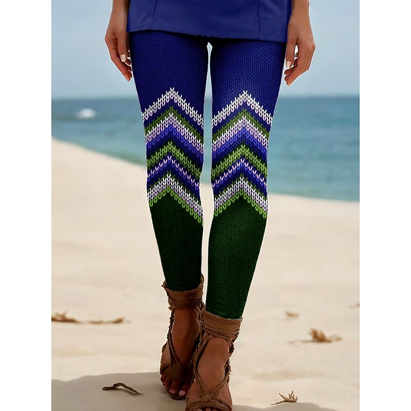 Women's Leggings Vacation Vintage Ethnic Style Ankle-Length High Waist Graphic Geometric Plaid Checkered 3D Print Breathability Soft Comfortable Stretchy Outdoor Vacation Home claret Royal Blue Brown3