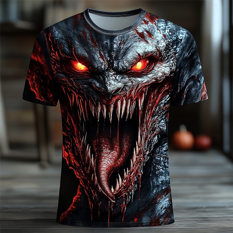 Halloween Men's Dragon 3D T Shirt Short Sleeve T shirt 3D Print Crew Neck Shirt Exaggerated Designer Horror Party Street Casual Black 1 White Red Summer Spring All Seasons Clothing Apparel S M L XL