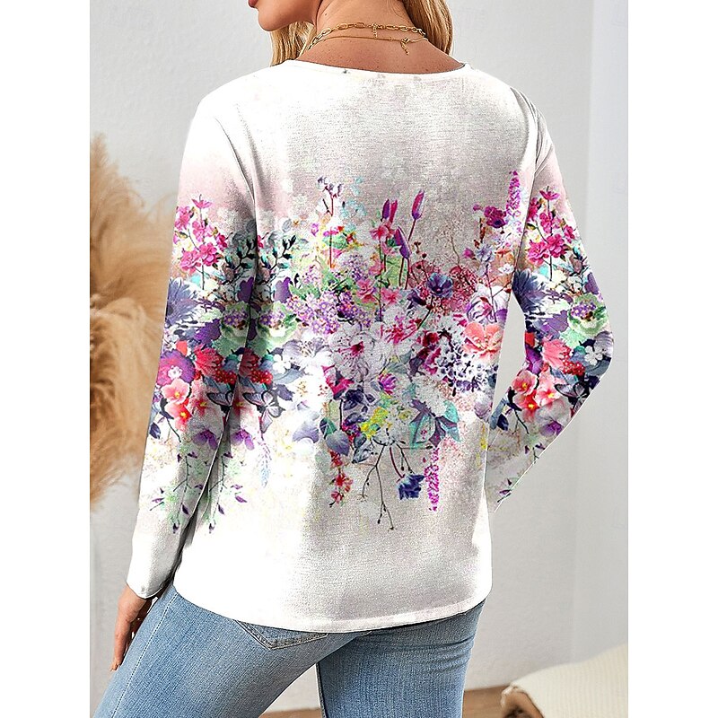 Women's T Shirt V Neck Long Sleeve Tunic Floral Graphic Plants Vintage Stylish Classic Regular Tops Daily Print Yellow Pink Purple Green Spring Fall2