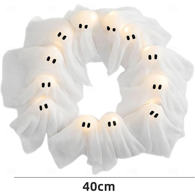 Halloween Ghost Wreath, 12 LED Light-Up White Ghost Garland, Spooky Indoor & Outdoor Hanging Decoration for Front Door, Wall, Party, Battery-Powered Halloween Decor, Holiday Spooky Garland4