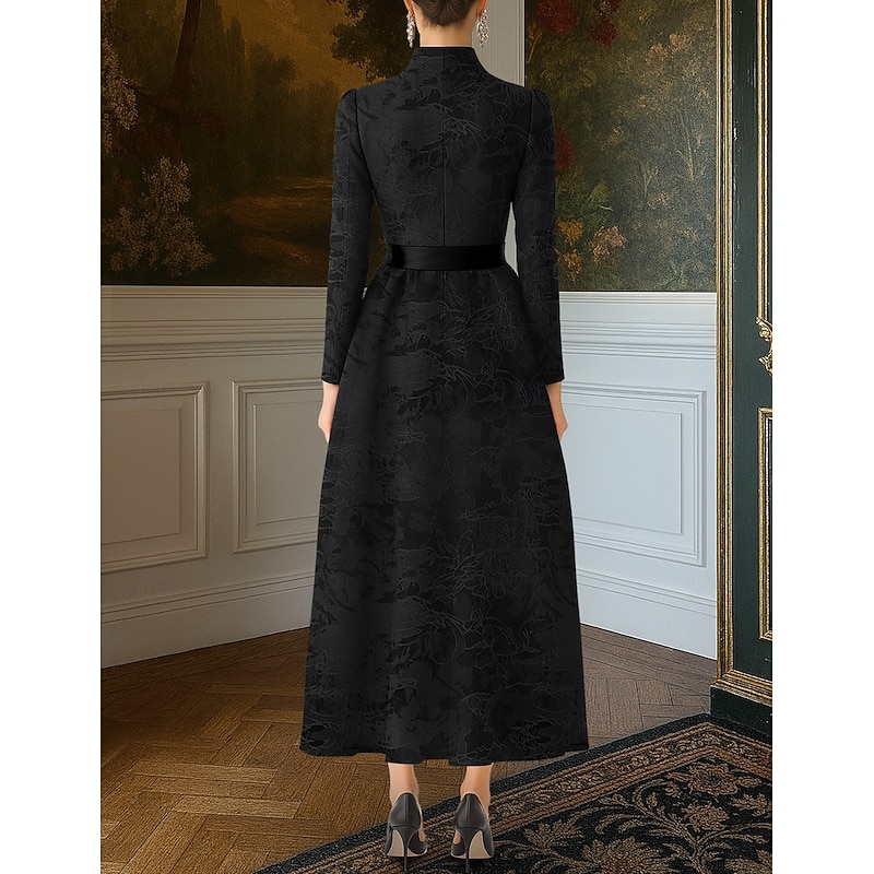 Black Tie Jacquard Brocade A-Line Evening Gown Elegant Dress Formal Wedding Floor Length Long Sleeve V Neck Pocket Nylon with Bow(s) Strappy2