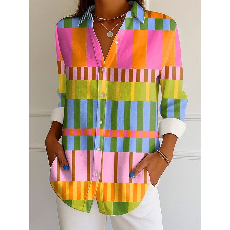 Women's Shirt Button Down Tunic Shirt Collar Long Sleeve Graphic Geometric Striped Vintage Tropical Daily Regular Tops Work Daily s Print Pink Blue Purple Green Spring