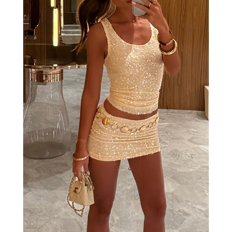 Women's Fashion Blouse Skirt Sets Sleeveless Crew Neck Solid Color Sequins Vacation Holiday Yellow Light Green Wine Summer Regular Fit4