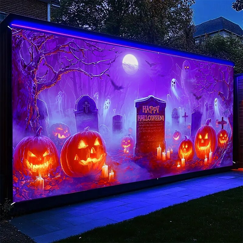Halloween Garage Door Cover Neon Cemetery with Pumpkins Banner, Glowing Blacklight Backdrop Decoration for Holiday Outdoor Garage Door and Home Wall, 2025 Halloween Decorations
