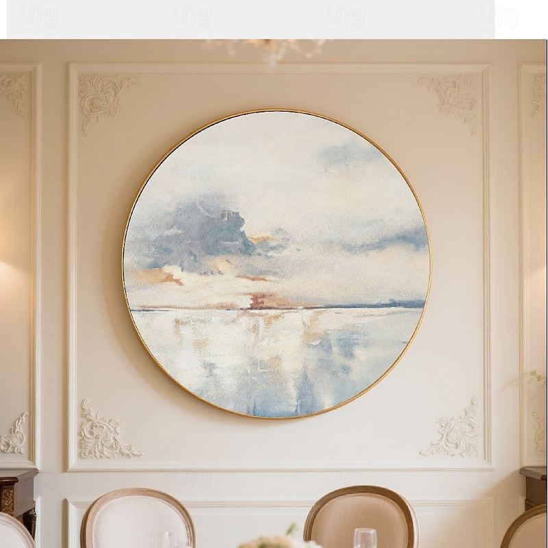 Handmade Circular Oil Painting Abstract Ocean Seascape Soft Clouds Misty Sky Reflection Textured 3D Brushstrokes Blue White Gray Terracotta Modern Wall Art Ready To Hang Include Inner Frame2