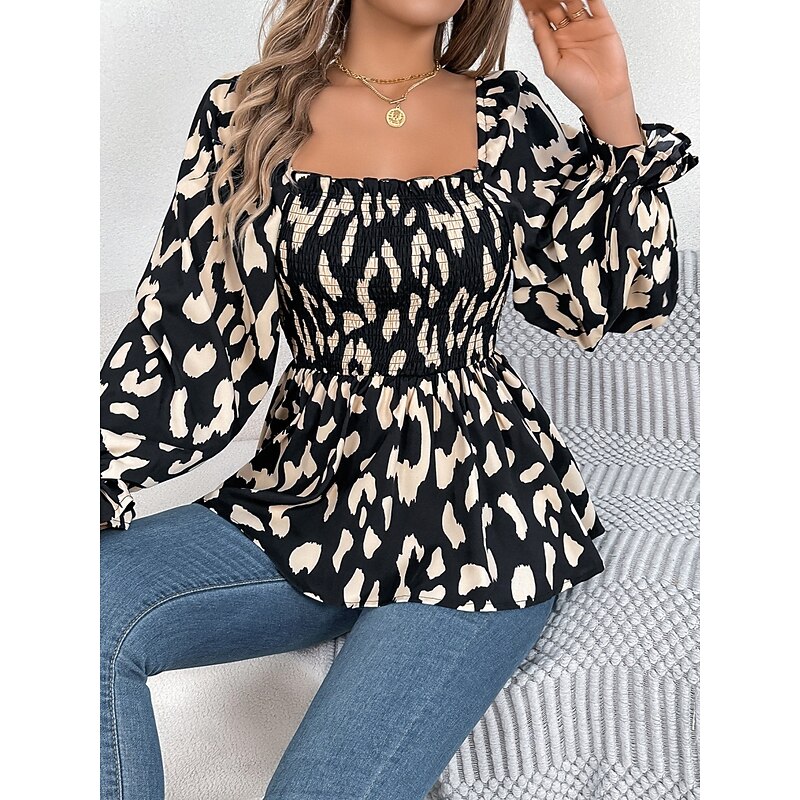 Women's Blouse Graphic Stylish Casual Long Sleeve Square Neck Regular Tops Daily Print Black White Green Summer Spring Fall2