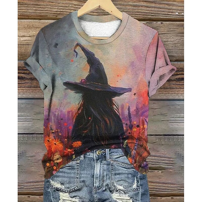 Halloween Women's T shirt Witch Graphic Vintage Stylish Classic Short Sleeve Crew Neck Round Neck Regular Tops Daily Weekend Print Black Dark Green Fuchsia Green Summer Spring Fall3
