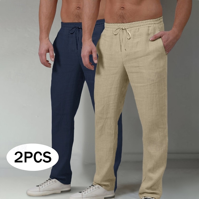 Men's Linen Pants Trousers Summer Pants Beach Pants Elastic Waist Drawstring Plain Comfort Full Length Outdoor Casual Daily Vacation Streetwear White+Navy Blue Navy Blue+Dark Gray Inelastic