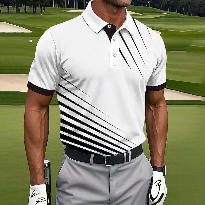 Men's Golf Line Polo Sports Polo Shirts Short Sleeve Polo Shirts Collared Shirts Casual Athleisure Buttons Summer Black White Blue