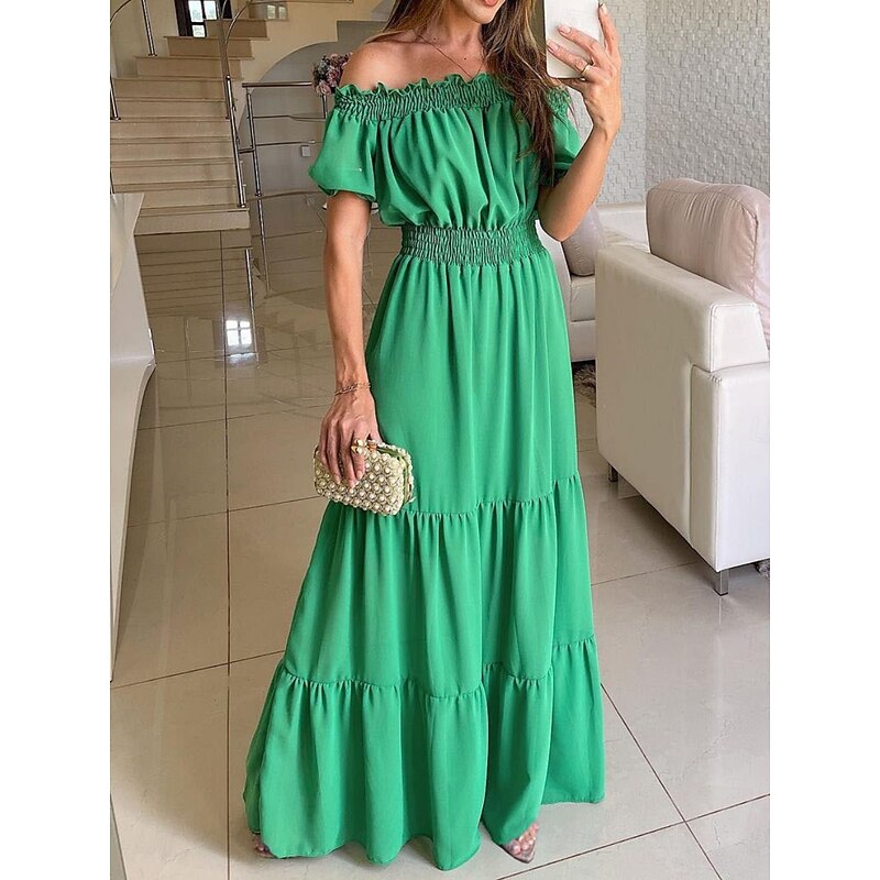 Women's Long Dress Maxi Dress Cocktail Dress Wedding Guest Dress Chiffon Swing Dress Fashion Modern Outdoor Vacation Daily Regular Fit Plain Short Sleeve Off Shoulder Yellow Blue Fuchsia Green Summer2
