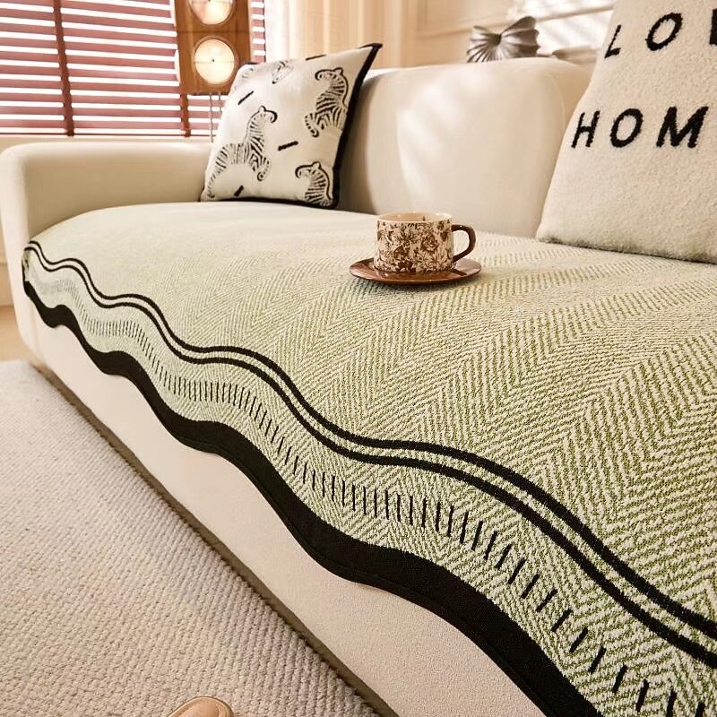 Non-Slip Sofa Cover Herringbone Chenille Couch Cover with Wavy Edges Pet Friendly2