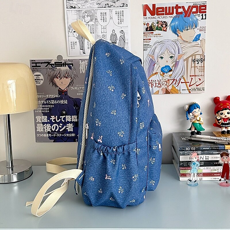 Floral Print Denim-Style Backpack for Girls – Cute Lightweight School Bag with Small Bow and Flower Pattern for Teen Students4