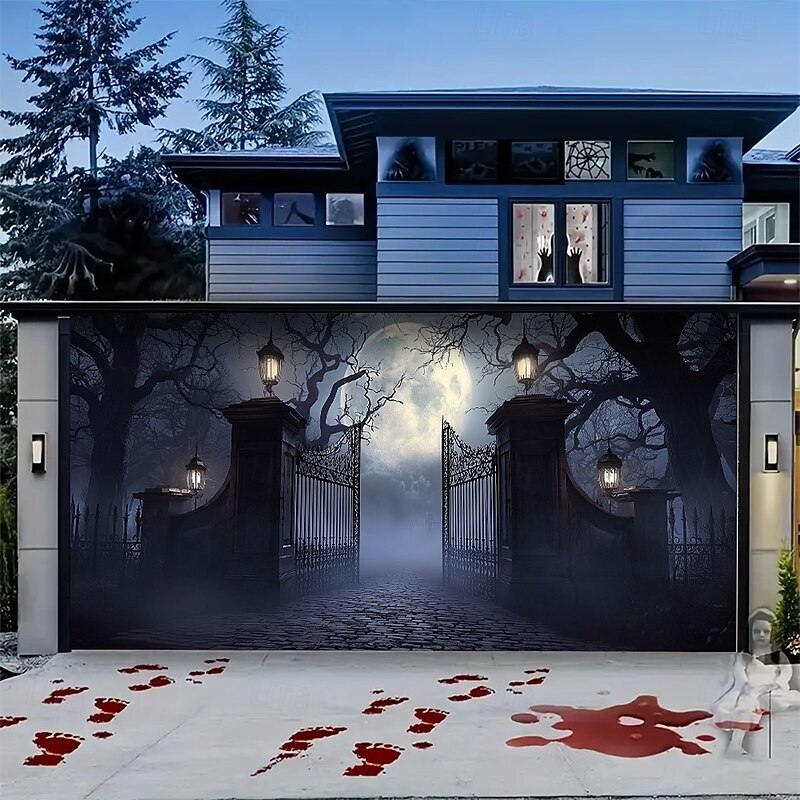 Halloween Garage Door Cover – Skeleton Welcome Scene with Red Leaves, Outdoor Decoration for 2025 Halloween Home Front Yard4