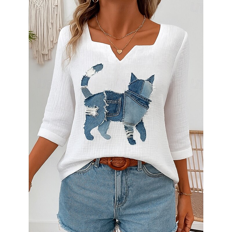 Women's Cotton Linen Shirts Graphic Animal Vintage Tropical Stylish 3/4 Length Sleeve Asymmetrical Regular Tops Daily Holiday White Blue Summer Spring