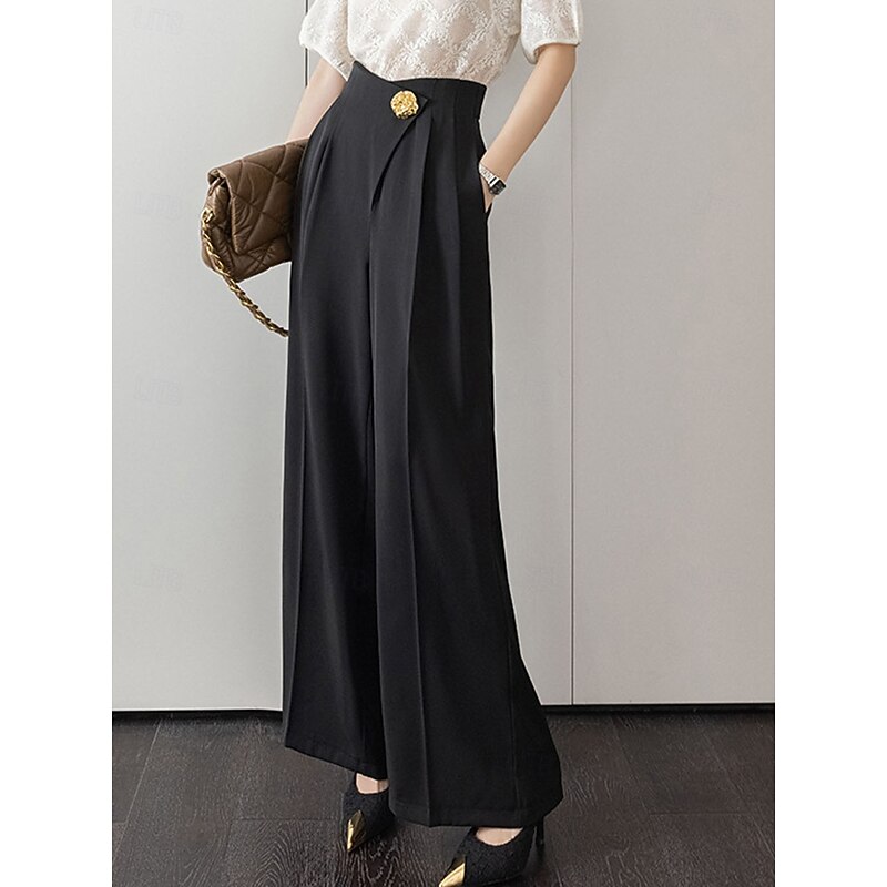 Women's Wide Leg Dress Pants Fashion Full Length Natural Plain Side Pockets Wide Leg Comfy Breathability Office / Career Business Black White Spring Fall Regular Fit3