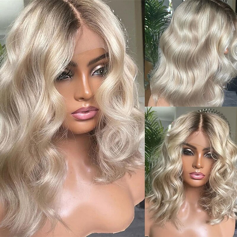 Unprocessed Virgin Hair 5x5 Lace Closure Wigs Short Bob 13x4 Lace Front Human Hair Wig Brazilian Hair Wavy Ombre Ash Blonde Wig  with Baby Hair Glueless For Women4