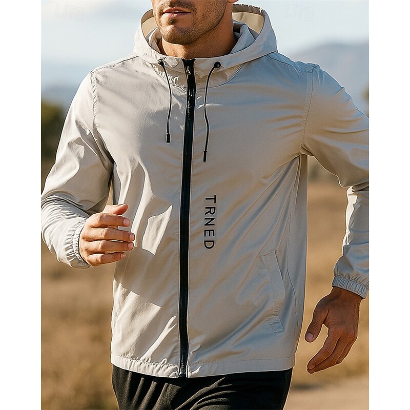 Men's Running Jacket Outdoor Jacket Drawstring Pockets Long Sleeve Outerwear Athletic Fall Solid Colored Sun Protection Lightweight Moisture Wicking Fishing Hiking Running Sportswear Activewear White