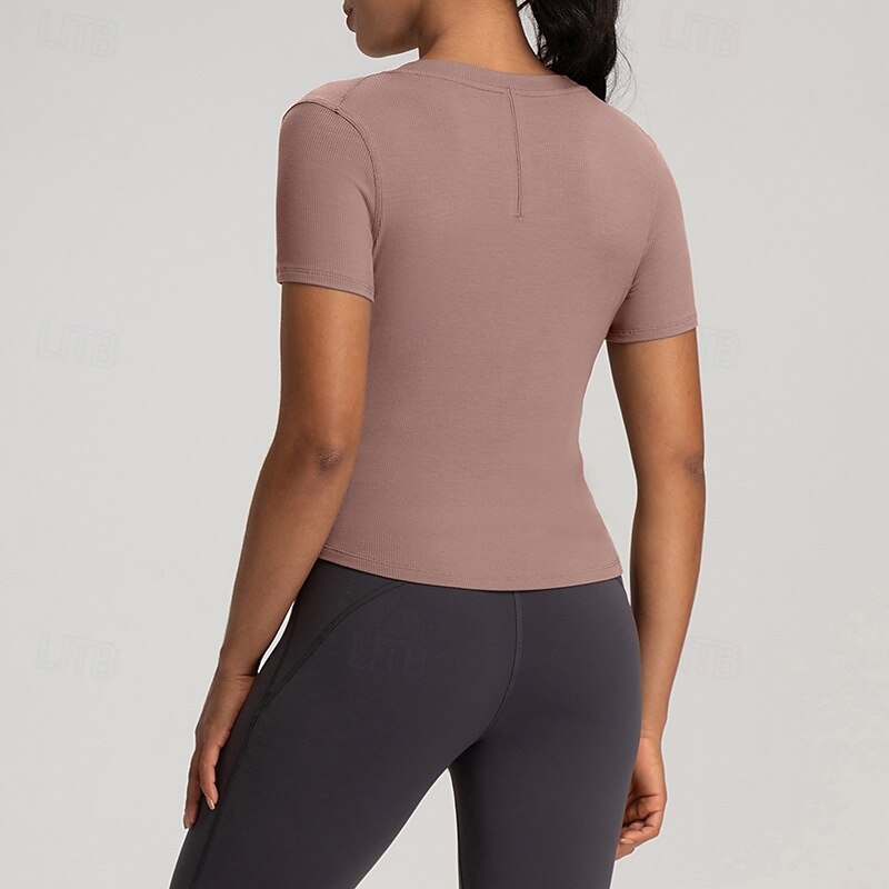 Women's Yoga T-shirt Henley Collar Stretchy Breathable Short Sleeve Sports Solid Color Top For Pilates Running Yoga Activewear2