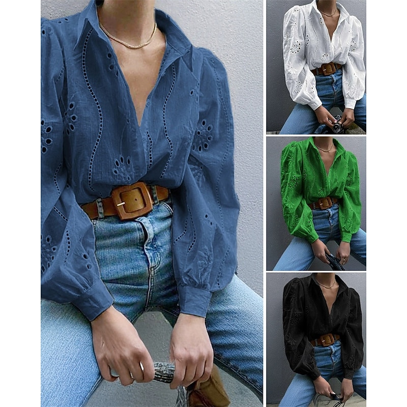 Women's Shirt Plain Daily Stylish Basic Long Sleeve Puff Sleeve Shirt Collar Regular Tops Work Daily Holiday Hollow Out Black White Blue Spring Fall