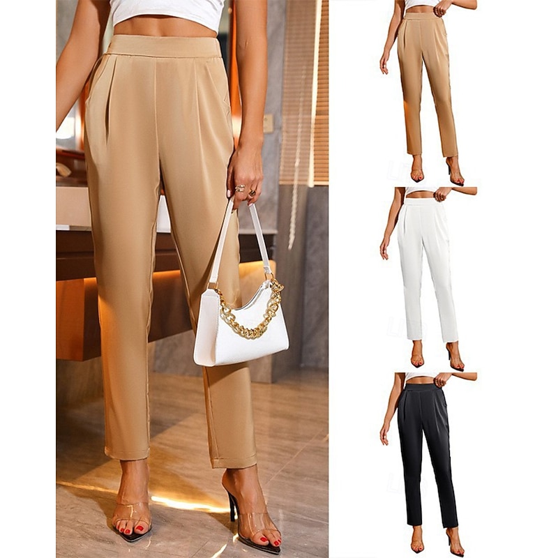 Women's Dress Pants Fashion Streetwear Full Length Natural Plain Pocket Elastic Waist Comfortable Formal Street Business Black White Champagne Fall Regular Fit